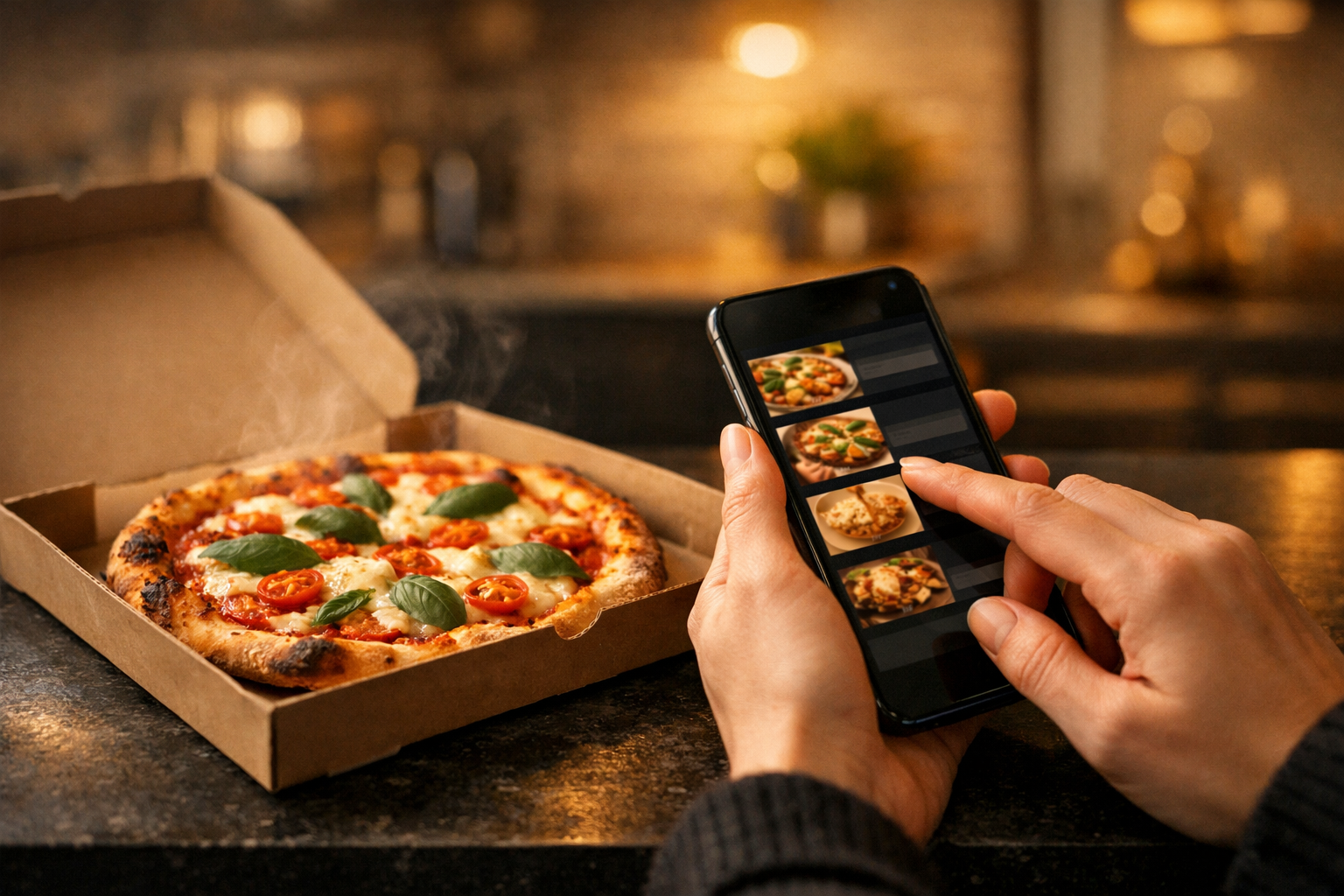 Ordering pizza delivery on a smartphone